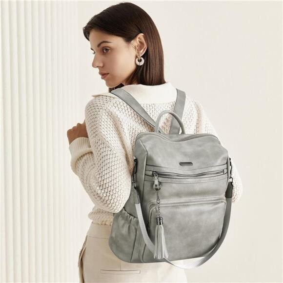 Women Backpack Vegan Leather Large Capacity Grey - Picture 7 of 7